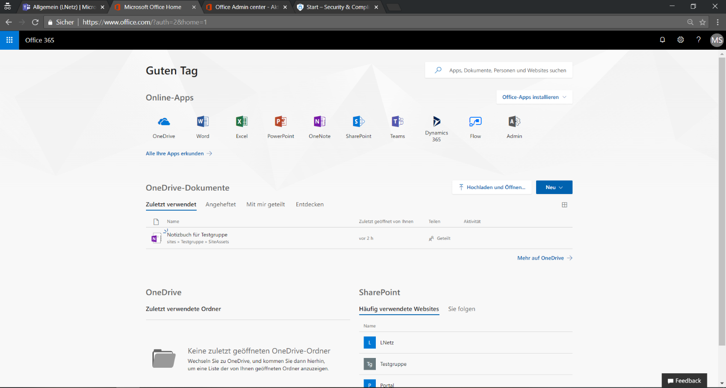 Office 365 Startseite Screenshot